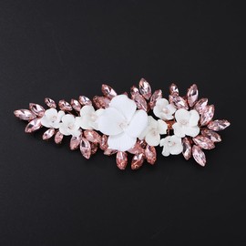 Teyglen White Flower Wedding Hair Pins Bridal Crystal Hair Clip Floral Flower Hair Barrette for Bride Pink Rhinestone Headpiece Handmade Hair Piece for Women(Pink)