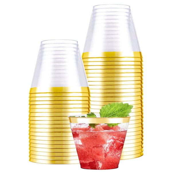 bUCLA 100 PCS Gold Plastic Cups - 9 Oz Gold Cups - Clear Cups with Gold Trim - Reusable Disposable Plastic Cups Elegant Party Cups Daily Use for Thanksgiving Parties/Weddings