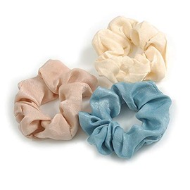 Pack Of 3 Pastel Blue/Cream/Beige Satin Hair Scrunchies - Medium Thickness Hair