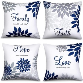 NDMMSO Set of 4 Cushion Covers 45 x 45cm Navy style Family Faith Hope Love Words Pillow Cases Decorative Spring Summer Throw Pillow Covers for Sofa Bed Decor Square 18x18 Inches Throw Pillow Cases
