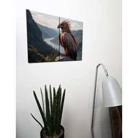 The Plum Penguin Majestic Harpy on Cliffside at Dusk Printed Wood Wall Art, Salmon Accents, A4 Dual MDF Panels Canvas Alternative 40 x 30cm