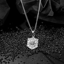 murtoo Compass Necklace for Men and Women, Gold Black Silver Vintage Stainless Steel Chains Necklace with Compass Pendant Unique Gifts for Men (20 inch, Shield, Silver)