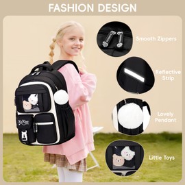 Amythe School Bag for Girls, Breathable Girls Backpack for Primary Secondary School, Kawaii Nylon Rucksack with Pendant and Decoration, Black