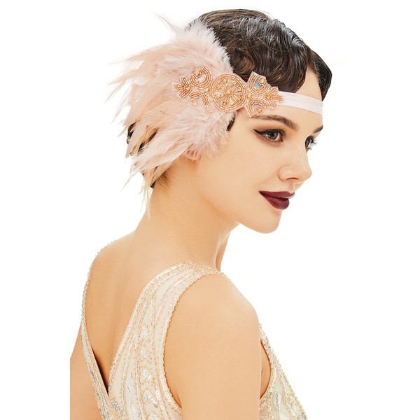 ArtiDeco 1920s Headband Women's Gatsby Costume Accessories 20s Flapper Feather Headband - champagne