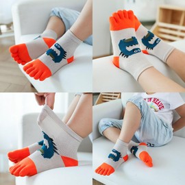2 Pairs Cotton Five Finger Toe Socks Athletic Running Breathable Mesh Dinosaur Dress Socks for Kids Boys Girls 2-9 Years