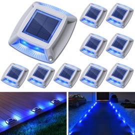 Solar Driveway Lights 10 Pack, Solar Powered IP68 Waterproof Dock Lights, 4 LED Driveway Markers Deck Light for Dock, Pathway, Walkway, Sidewalk, Garden, Yard, Stair, Marine Use (Blue)