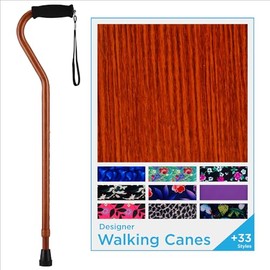 NOVA Designer Walking Cane with Offset Handle, Lightweight Adjustable Cane with Carrying Strap, Cane for Men and Women, Walking Canes for Balance, Walnut Grain Design