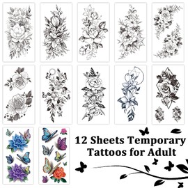 Acevegue Fake Tattoos for Women, 12 Sheets 3D Temporary Tattoos with Black Rose Flowers Butterfly Tattoo Stickers Kits, Neck Arm Hands Face Transfer Paper Decorations and Gifts for Girls Women