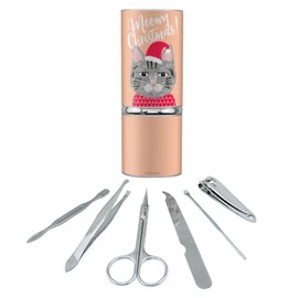 Meowy Merry Christmas Cat in Sweater and Hat Stainless Steel Manicure Pedicure Grooming Beauty Care Travel Kit