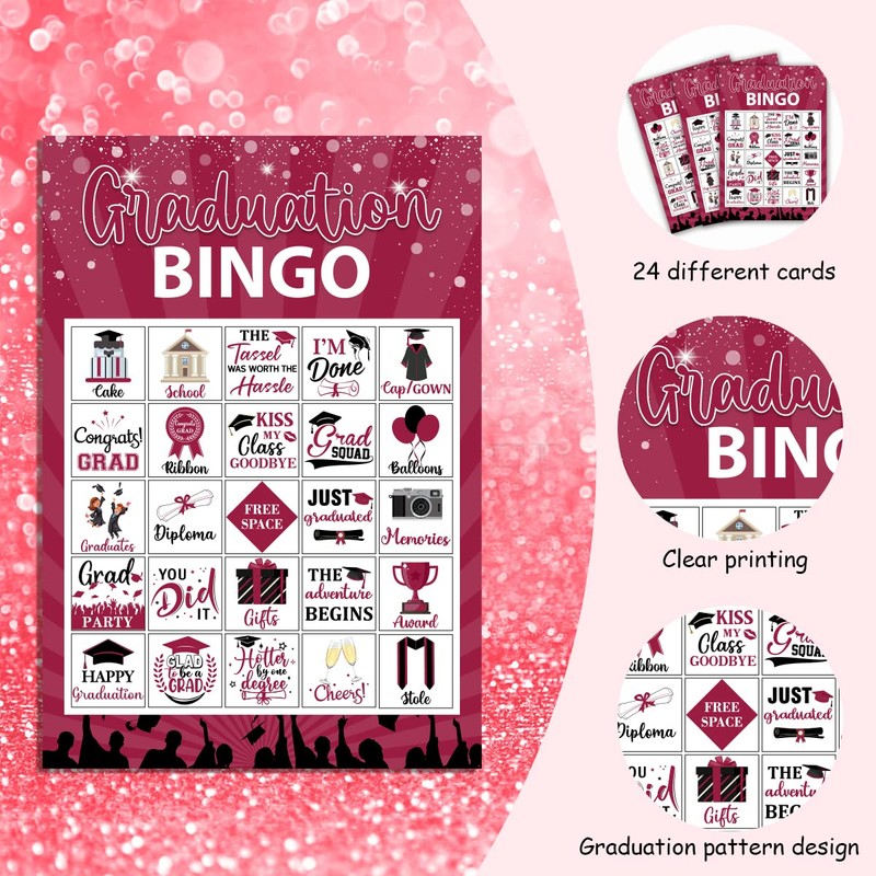 Balterever Graduation Bingo Games Burgundy Graduation Game for 24 Players