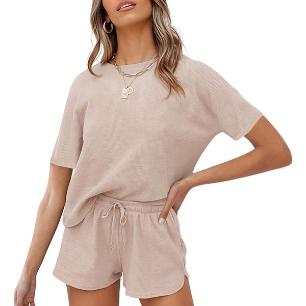 Jhsnjnr Women's Waffle Knit Pyjamas Short Sleeve Top and Shorts