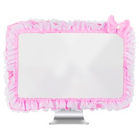 Kingshion 23"-27" Lovely Cute Computer Monitor Cover with Lovely Cute Elastic Pen Pocket Bow-knot TV LCD Screen Monitor Decoration Dust Cover Protector, Lace Fabric, Pink
