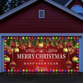 VitalCozy Christmas Holiday Garage Door Banner with LED Light 2024 Happy New Year Outdoor Cover Mural Decoration Large Christmas Backdrop Merry Christmas Double Car Garage Door Banner(6 x 13 ft)