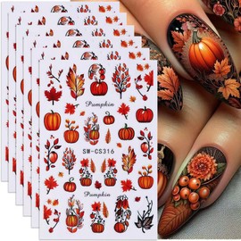 Fall Maple Leaf Nail Stickers 6PCS Pumpkin Maple Leaves Nails Design 3D Self-Adhesive Nail Decals Harvest Party Autumn Nail Art Stickers Thanksgiving Day Nail Supplies for Women Manicure Decorations