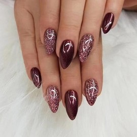 Press On Nails Almond Short Square Ballet Shaped, Cute Design Flower Bow Fake Nails, Stick On Nails,Glue on Nails on 24PCS (Cherry Red Glitter)