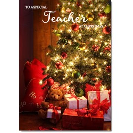 doodlecards Teacher Christmas Card Teddy by Christmas Tree Medium Size Christmas Card for Teacher with Plain Envelope