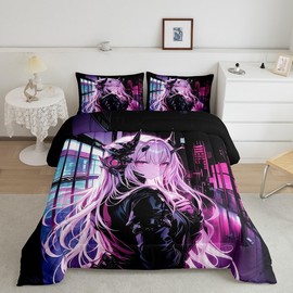 Erosebridal Japanese Anime Bedding Set Twin Size, Manga Anime Girl Comforter Set Kawaii Japanese Style Duvet Insert Cartoon Japan Animation Quilt for Boys Teens Adult Women Bedroom Decor