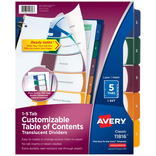 Avery(R) Ready Index(R) Translucent Table of Contents Dividers, 5-Tab, Multicolor