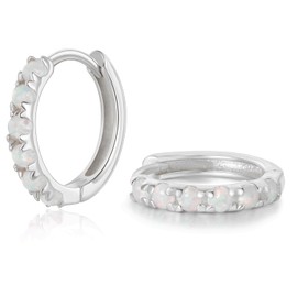 SILBERTALE 925 Sterling Silver Opal Hoop Earrings with White/Blue/Pink/Green Opal Gold Small Hoop Earrings Nickel-Free Earrings 6/8/10 mm, Sterling Silver