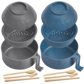 Romooa 2 Sets Microwave Ramen Cooker Bowl 33 oz Wheat Fiber Instant Noodle Bowl with Handles Ramen Noodle Cooker with Spoon Chopsticks Fork College Dorm Room Apartment Essentials(Gray,Dark Blue)