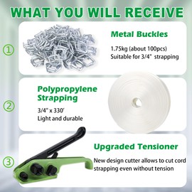 DJSUNPACKING Banding Strapping Kit Pallet Packaging Strapping Tool Set,Upgraded Strapping Tensioner，3/4" x 330' Heavy Duty Woven Cord (2500 LBS Break Strength), 100 Metal Wire Buckles