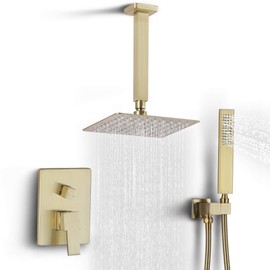 Dr Faucet Rain Shower Ceiling Mount Shower System with Rainfall Shower Bathroom Shower Faucet Combo Set Rough-in Valve and Trim Shower Fixtures Brushed Gold Dr-7411C