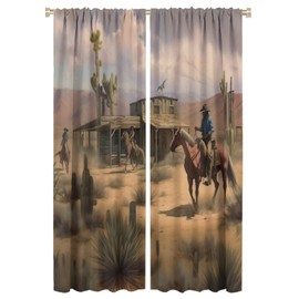 Western Cowboy Blackout Curtain,Vintage Farmhouse Country Western Desert Cowboy Horse Cactus Home Decor Windows Rod Pocket Curtains for Cafe Bedroom Kitchen Living Room Drapes 42x63 Inch
