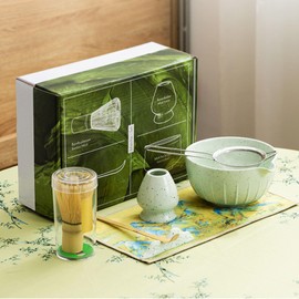 Polegas Matcha Tea Set,7PCS Matcha Kit with Bamboo Whisk, Ceramic Bowl, Whisk Holder,Sifter and Tea Cloth, Ideal for Making Usucha, Koicha and Matcha Latt