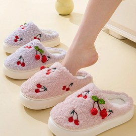 Cherry Slippers for Women Indoor Comfy Winter Warm House Slides Shoes Cute Womens Slippers Fuzzy Plush Slippers Soft Thick Soled Slippers Non Slip Cozy Home Bedroom Slippers (7.5-8.5 Women/6-7 Men,Purple,7.5,Women,9,Men,Medium,6,7.5)