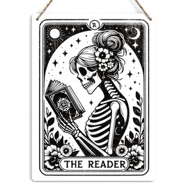 Funny Tarot Card Wall Art Decor Rustic Reading Skeleton Hanging Sign, Humor Book Lover Librarian Gifts Witch Stuff Wiccan Witchcraft Supplies, Farmhouse Wall Hanging Sign, Wooden Sign for Home Office