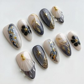 30Pcs Black French Tip Press on Nails Medium Gold Star Fake Nails Almond Shaped 3D Golden Bead Leaf with Foil Glitter Full Cover Tips Glue on Nails Marble False Nails for Acrylic Manicure Decoration