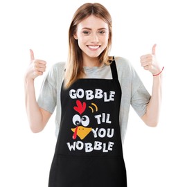 XLSXEXCL Thanksgiving Aprons for Women Men with Pockets, Funny Turkey Apron, Adjustable Cooking Apron for Dinner Grilling Baking Painting Garden - GOBBLE TIL YOU WOBBLE