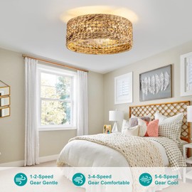 Rattan Ceiling Fans with Light and Remote, Boho Fandelier Ceiling Fan with Light Flush Mount Woven Farmhouse Caged Ceiling Fan for Bedroom Living Room Kitchen(Enclosed 6 Speeds)