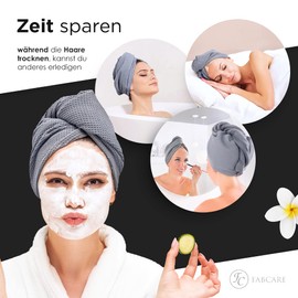 FABCARE Hair Turban Quick Drying, Dermatest: Very Good, Extra Absorbent Hair Towel with Button, Turban Towel Made of Microfibre for Long Hair, Pack of 2