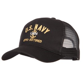 US Navy CPO Retired Military Embroidered Solid Cotton Mesh Pro Cap - Black OSFM