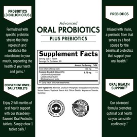 Oral Probiotics Supplement with Prebiotics - Supports Healthy Teeth Gums Mouth and Fresh Odorless Breath for Adults - Strawberry Flavored Chewable Dental Probiotic (60 Tablets, 60 Day Supply)