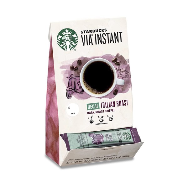 Starbucks VIA Instant Decaf Coffee Packets — Italian Roast — 100% Arabica — 1 box (50 packets)