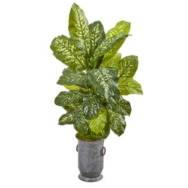 Nearly Natural 49in. Dieffenbachia Artificial Vintage Metal Planter (Real Touch) Silk Plants, Green