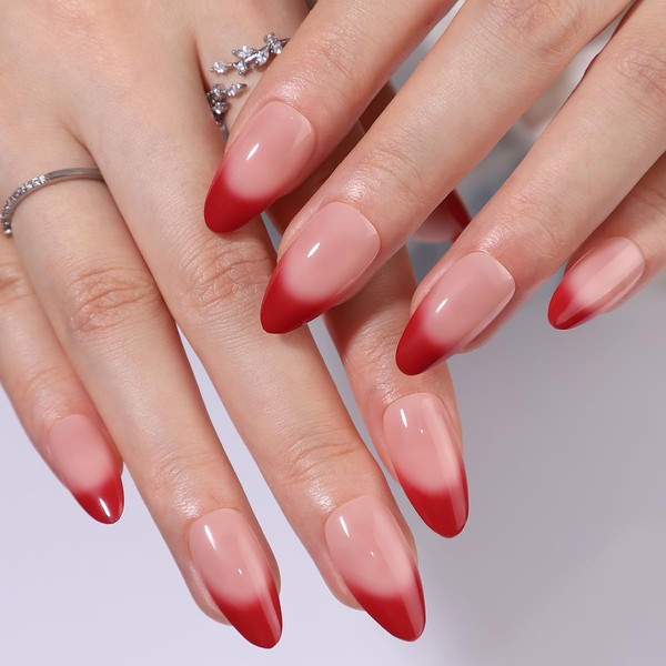 30 PCS Red French Tip Press on Nails Almond Red