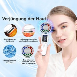 UUE Gesichtsmassagegerät Gegen Falten, 5 In 1 Massagegerät, Elektrisches Beautygerät mit LED-Farblicht, Mikrodermabrasionsgerät mit EMS Behandlung, Anti-Aging-Gerät mit Kalt + heiß Dual Use