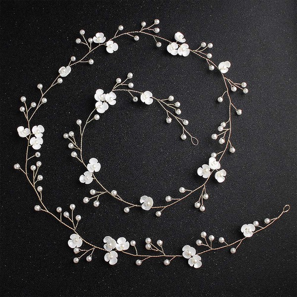 Anglacesmade Bridal Hair Vine 39'' Pearl Headband Extro Long Flower Hair Piece for Bride Bridesmaid Prom Party Festival Hair Jewelry for Women and Girls (Gold)