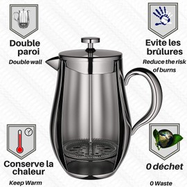 VeoHome - 1 Litre piston coffee maker - Unbreakable and keeps coffee hot for a long time thanks to its double stainless steel shell…