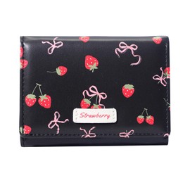 Modacarry Small Cute Wallet with Strawberry Coquette Bow Print ID Credit Card Holder for Women Girls (BLACK)