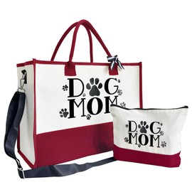 Dog Mom Canvas Tote With Zipper - Shoulder Beach Bag for Women, Travel and Going Out - Gifts for Dog Lovers and Owners A1