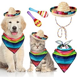 4 Pcs Pet Mexican Dog Costume Accessories, Dog Sombrero Mini Straw Mexican Hat, 2 Wooden Fiesta Maracas, Dog Bandana Triangle Bib Scarf for Cinco De Mayo Small Pets Cat Dog Party Decorations