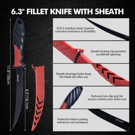 Goture 9PCS Fishing Tool Kit, Fishing Pliers, Fillet Knife with Sheath, Fish Lip Gripper, Fish Hook Remover, Lanyard, Line Scissors, Sharpener, Stainless Steel Soap, Saltwater Gear Kit, Gifts for Men