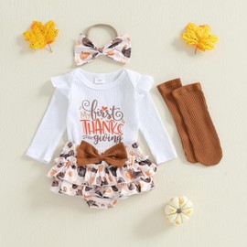 Baby Girl Thanksgiving Outfit Ribbed Letters Long Sleeves Romper Turkey Print Shorts My First Thanksgiving Outfit 4Pcs (B-White,9-12 Months)