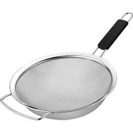 Kafoor 10" Large Fine Mesh Strainer with Thermo Plastic Rubber Handle - Sieve Fine Mesh Stainless Steel - Ideal to Strain Pasta, Quinoa and Rice (10" Black)
