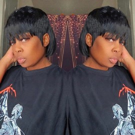 PurpleSexy Chic Elegent Mullet Human Hair Wigs for Black Women Glueless Short Layered Pixie Cut Straight Human Hair Wigs Natural Black Color Model Length for Daily Use