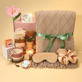 Regalos de Navidad y cumpleaños para mujeres, cesta de regalo de cuidado personal, paquete Get Well Soon Care – Juego de spa de lujo con manta de punto, calcetines peludos, taza, vela, coletero para